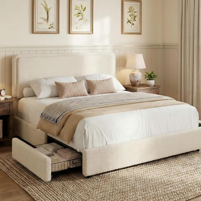 GarveeHome Queen Size Bed Frame with 2 Storage Drawer, Teddy Fleece Thick Upholstered Platform Bed Frame with Adjustable Headboard, No Box Spring Needed, Cream Beige