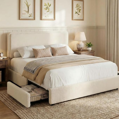 GarveeHome Queen Size Bed Frame with 2 Storage Drawer, Teddy Fleece Thick Upholstered Platform Bed Frame with Adjustable Headboard, No Box Spring Needed, Cream Beige