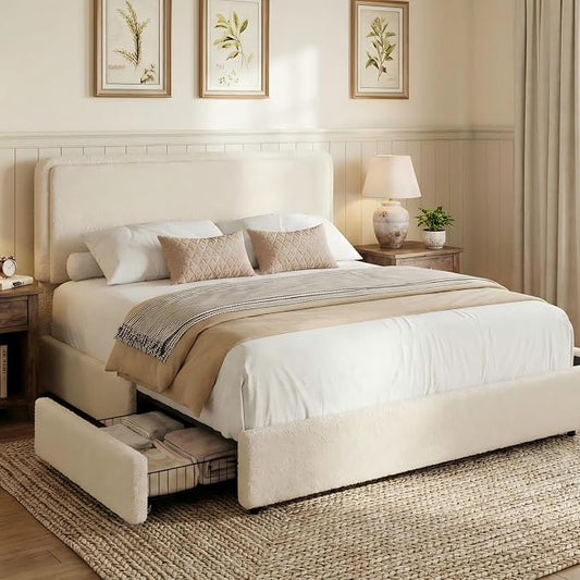 GarveeHome Queen Size Bed Frame with 2 Storage Drawer, Teddy Fleece Thick Upholstered Platform Bed Frame with Adjustable Headboard, No Box Spring Needed, Cream Beige