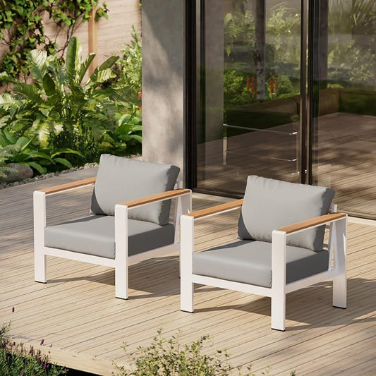 Aluminum Outdoor Patio Furniture Armchair, All-Weather Outdoor Patio Sofa with Washable Thick Cushion, Patio Sofa Couch Set of 2 for Porch, Balcony, Deck, Yard, White