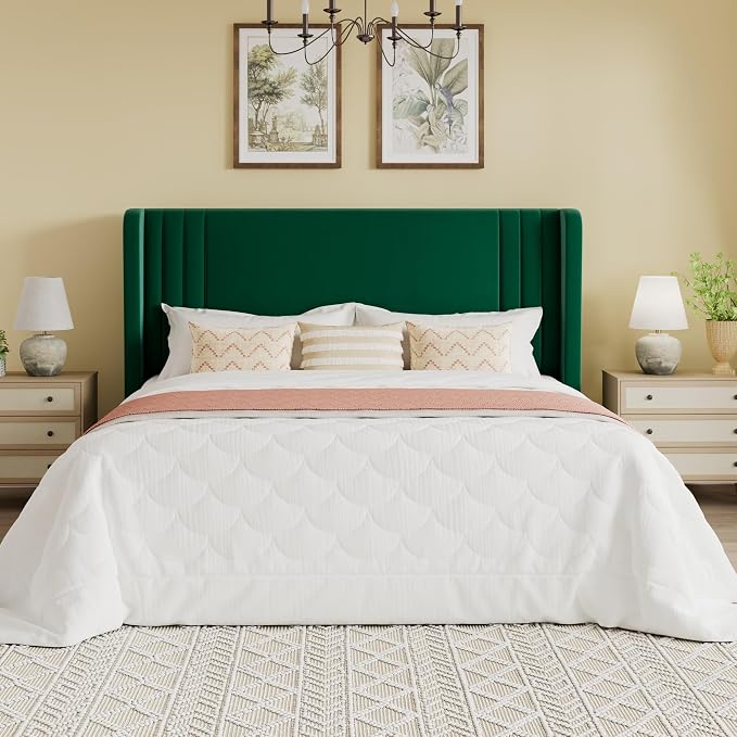 SHA CERLIN Queen Size Velvet Upholstered Platform Bed Frame with Vertical Channel Tufted Wingback Headboard, Wooden Slats Support, Easy Assembly, Under Bed Storage, No Box Spring Required, Green