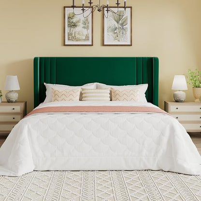 SHA CERLIN Full Size Velvet Upholstered Platform Bed Frame with Vertical Channel Tufted Wingback Headboard, Wooden Slats Support, Easy Assembly, Under Bed Storage, No Box Spring Required, Green