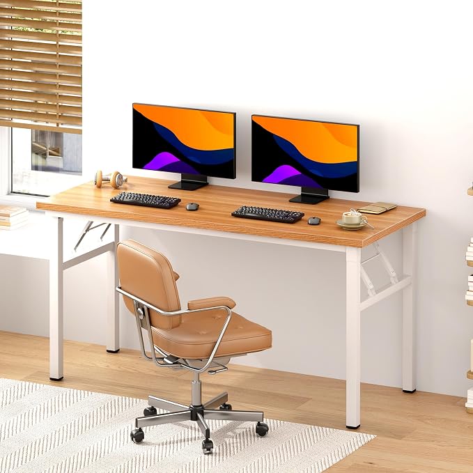 DlandHome Large Computer Desk, Folding Desk, Decent and Steady Home Office Desk/Workstation/Table 54.3inch Teak White