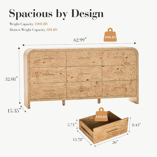 Curved 9-Drawer Dresser for Bedroom, 63" Wide Modern Chest of Drawers, Vanity Desk TV Stand for Living Room, Closet Storage Drawers Organizer Furniture, Nursery, Hallway, Light Burl