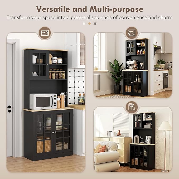 HOMCOM Kitchen Pantry Storage Cabinet, 72" Freestanding Cabinet with Hutch, Large Countertop, Glass Doors and Adjustable Shelves for Dining Room, Black