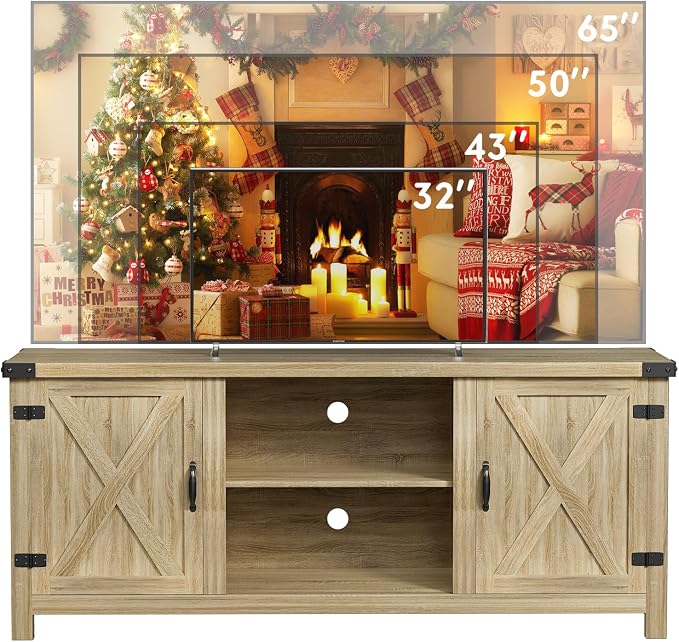 YESHOMY Modern Farmhouse TV Stand with Two Barn Doors and Storage Cabinets for Televisions up to 65+ Inch, Entertainment Center Console Table, Media Furniture for Living Room, 58 Inch, White Oak