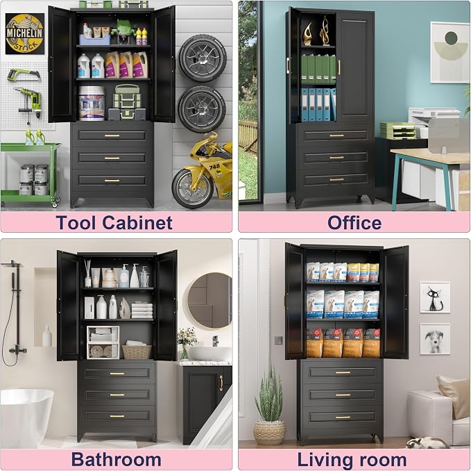 UNICOLY Pantry Kitchen Cabinet with Drawer, 75" Tall Pantry Storage Cabinet, Metal Storage Cabinets with Doors and Shelves, Large Freestanding Cupboard for Dining Room, Assembly Required, Black
