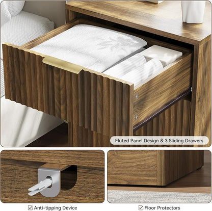 Walnut Dresser & Nightstand Set 3-Piece, 6 Drawer Dresser and Night Stand Set of 2 with Metal Handle, Modern Wood Chest of Drawers Storage Dressers Set for Bedroom, Walnut