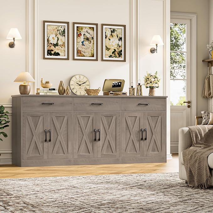 HOSTACK 71" Large Sideboard Buffet Cabinet with Storage, Farmhouse Coffee Bar Cabinet with 3 Drawers, Long Kitchen Buffet Table, Kitchen Sideboard Storage Cabinet for Dining Room, Living Room, Grey