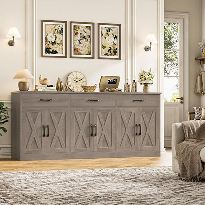 HOSTACK 71" Large Sideboard Buffet Cabinet with Storage, Farmhouse Coffee Bar Cabinet with 3 Drawers, Long Kitchen Buffet Table, Kitchen Sideboard Storage Cabinet for Dining Room, Living Room, Grey