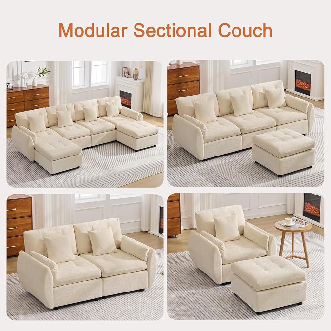 84" Modular Cloud Sofa, Deep Seat Tufted Chenille 3-Seater Sectional Couch with Curved Arms, Comfy Sofas for Living Room, Beige