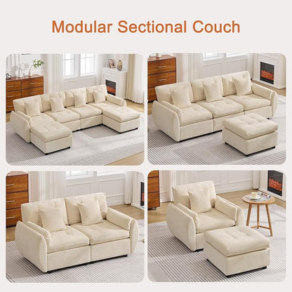 84" Modular Cloud Sofa, Deep Seat Tufted Chenille 3-Seater Sectional Couch with Curved Arms, Comfy Sofas for Living Room, Beige