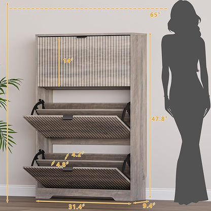 BORNOON Entryway Shoe Cabinet with 3 Flip Drawers, Narrow Shoe Organizer Cabinet with Fluted Panel and Adjustable Shelves for Foyer, Hallway