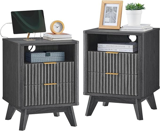 T4TREAM Fluted Nightstand Set of 2 with Charging Station, 18" Modern Side Table, 2 Drawers End Table with Storage, Bedside for Bedroom, Living Room, Curved Profile Design, Dark Alder