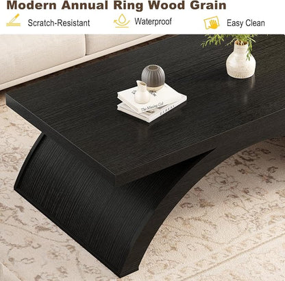 HSH 47" Modern Rectangle Wood Coffee Table for Living Room, Black Oak | Large Rectangular Center Table, Low Table with Sculptural Arched Base, 200 lb Capacity, Easy Assembly