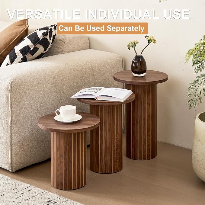 3-Piece Nesting Coffee Table Set, Modern Small Round Side Tables Fluted Drum Base, for Living Room Bedroom Apartment Small Space, Brown