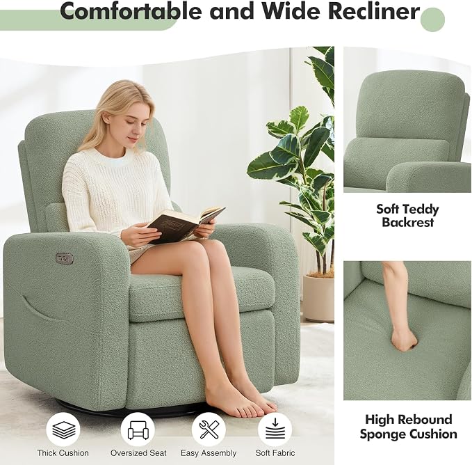 Power Swivel Rocker Recliner, Oversized Electric Boucle Recliner Chair, Teddy Swivel Glider Nursery Reclienr with Removable Cushion, Upholstered Recling Chair for Living Room Bedroom, Green