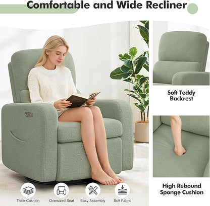 Power Swivel Rocker Recliner, Oversized Electric Boucle Recliner Chair, Teddy Swivel Glider Nursery Reclienr with Removable Cushion, Upholstered Recling Chair for Living Room Bedroom, Green