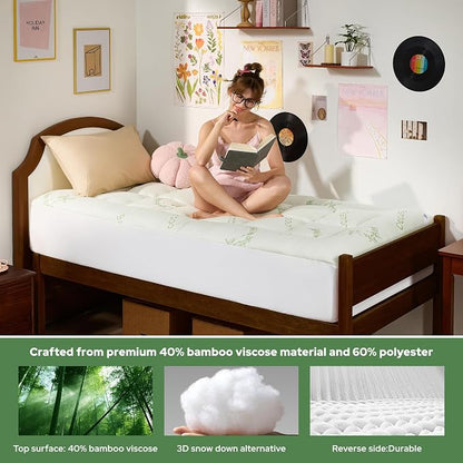 BEDLORE Twin XL Mattress Topper Viscose Derived from Bamboo, Thick Pillow Top Mattress Pad with Deep Pockets for 6-15 inches Mattress, Soft Mattress Topper College Dorm Size for Back Pain