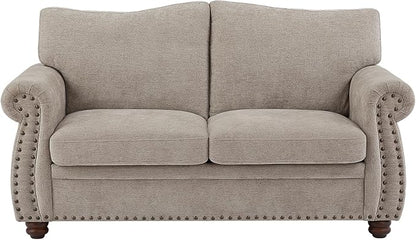 ONBRILL Nailhead Sofa, 66 Inch Small Couch with Rolled Arms, Chenille Fabric Loveseat w/Springs Seat Cushion, Vintage Curved Back, Turned Wood Legs, Comfy Couch for Living Room, Farmhouse, Beige