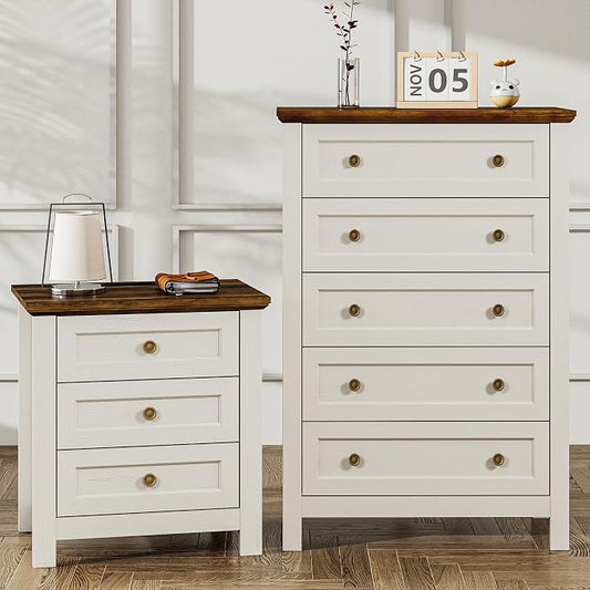 Farmhouse Dresser Nightstand Sets, 2-Piece Bedroom Furniture Set for Home | 5 Drawer Dresser Closet & 3 Drawer Nightstand, Chest of Drawers for Bedroom, Living Room, Entryway, Antique White