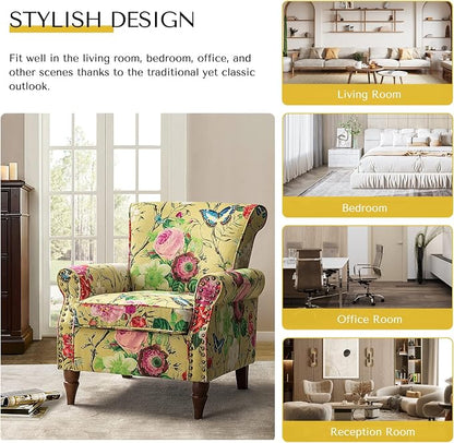 HULALA HOME Modern Wingback Accent Chair with Wood Legs & Removable Cushion, Comfy Upholstered Armchair with Nailhead Trim, Floral Pattern Single Sofa Chair for Living Room Bedroom, Mustard