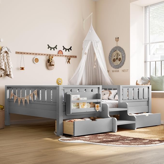 Bellemave Full Size Montessori Bed with Stairs, Rails and Slats, Full Size Montessori Floor Bed with Bookshelf and 2 Storage Drawers, Easy Assemble Beds Frame for Girls, Boys, Gray