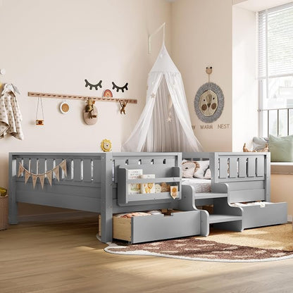 Bellemave Full Size Montessori Bed with Stairs, Rails and Slats, Full Size Montessori Floor Bed with Bookshelf and 2 Storage Drawers, Easy Assemble Beds Frame for Girls, Boys, Gray