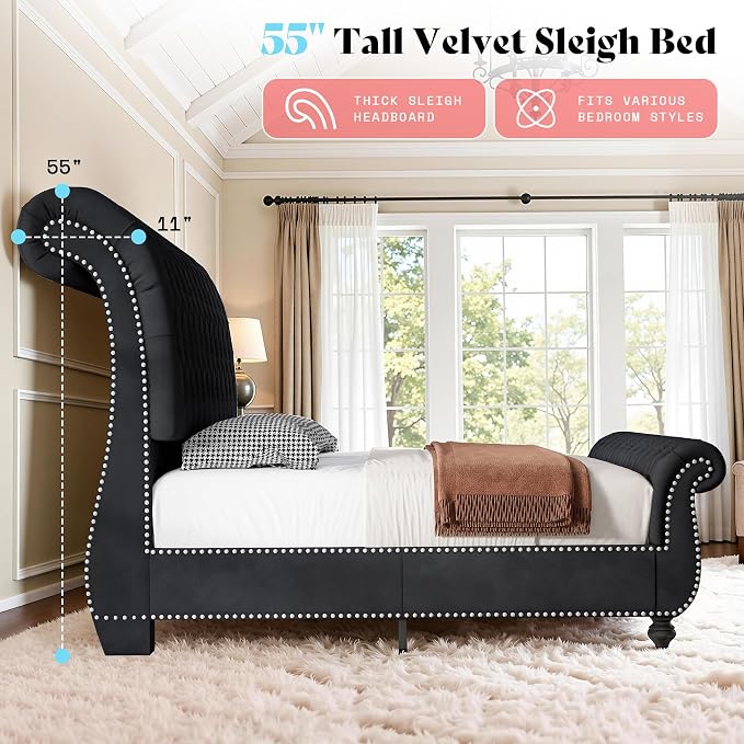 AMERLIFE 55" Sleigh Bed Frame, Black, Queen | Velvet Upholstered Platform, Scroll Headboard & Footboard, Deep Button Tufted, Solid Wood Legs, No Box Spring Needed