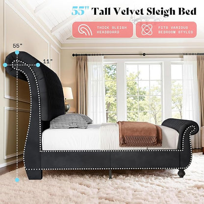 AMERLIFE 55" Sleigh Bed Frame, Black, Queen | Velvet Upholstered Platform, Scroll Headboard & Footboard, Deep Button Tufted, Solid Wood Legs, No Box Spring Needed