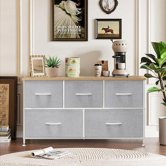 5-Drawer Dresser for Bedroom, Anti-Tip Wide Storage Organizer Fabric Chest of Drawers TV Stand for 45" TV with Wooden Top and Metal Frame for Closet, Living Room, Hallway, Entryway, Light Gray