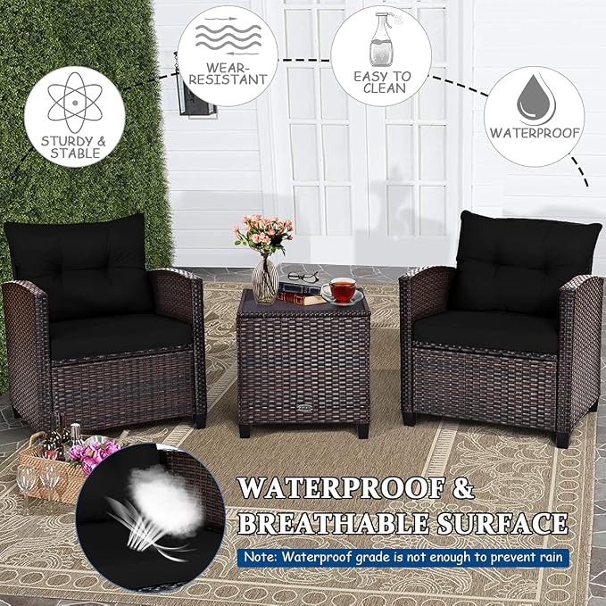 COSTWAY 3PCS Patio Furniture Set, PE Rattan Wicker Sofa w/Washable Cushion and Coffee Table, Tempered Glass Tabletop, Outdoor Conversation Set for Balcony, Porch, Yard, Backyard, Lawn, Black
