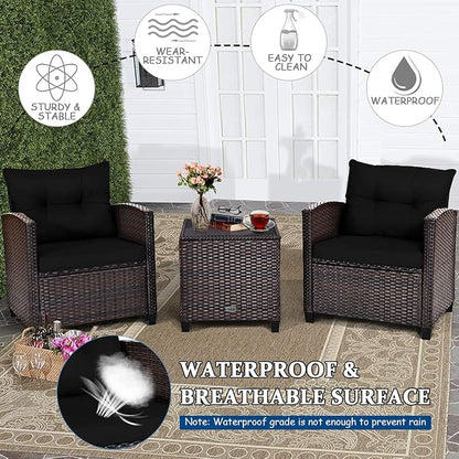 COSTWAY 3PCS Patio Furniture Set, PE Rattan Wicker Sofa w/Washable Cushion and Coffee Table, Tempered Glass Tabletop, Outdoor Conversation Set for Balcony, Porch, Yard, Backyard, Lawn, Black
