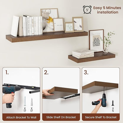 Vivelove Wide Floating Shelves for Wall 12 Inch Deep, 30" X 12" X 2" Floating Shelf, 2 Inch Thick Shelf for Living Room Bathroom Bedroom Kitchen Book Room, Rustic Farmhouse Decor Set of 2, Walnut