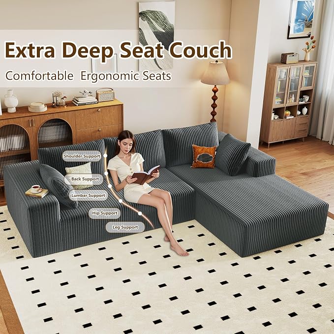 96" Modular Sectional Couch, Boneless L Shaped Cloud Sofa with Chaise Lounge, Corduroy Upholstered Couches Memory Foam Deep Seat, No Assembly Required, Ideal for Living Room(Dark Gray, Right Facing)