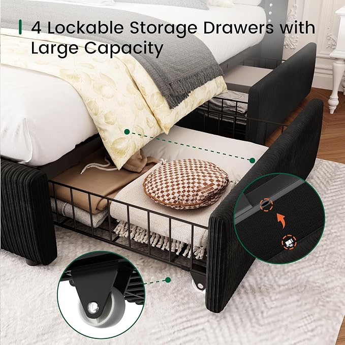 LARMACE Queen Size Bed Frame with 4 Storage Drawers Corduroy Bed Upholstered Platform Bed Frame with 48" Tall Headboard, Solid Wood Leg/No Box Spring Needed/Noise Free, Black