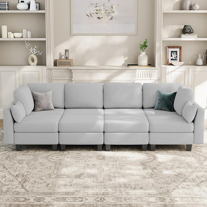Sectional Sleeper Sofa, 8 Seaters Modular Sleeper Sofa Couch, Comfy Sectionals Couches Bed, Convertible Sofas with Ottomans, Modular Sectional Couches for Living Room, Light Grey