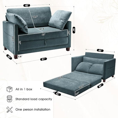 Myroyalsit 51" Convertible Loveseat Sofa Bed, 2-in-1 Folding Sofa Bed with 2 Pillow for Small Spaces, Modern Loveseat Sleeper Couch for Apartment, Living Room & Guest Room (Light Blue)