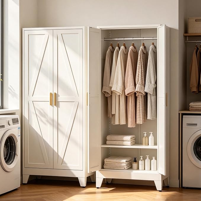 71" H White Pantry Cabinet,Metal Storage Cabinets with Doors and Shelves,Tall Food Kitchen Cabinets,Farmhouse Kitchen Cabinet,Freestanding Cabinet