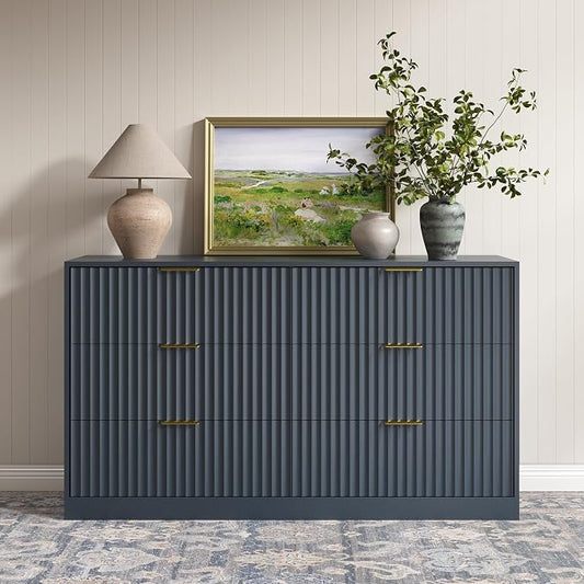Navy Blue 6 Drawer Dresser for Bedroom, 55" Wide Fluted Chest of Drawers with Gold Metal Handles, Wood Dresser Storage Organizer Mid Century TV Stand for Living Room Closet Hallway