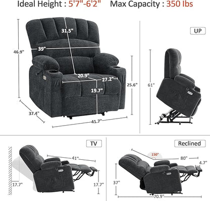 MCombo Oversized Power Lift Recliner Chair for Elderly, Lift Chair with Heat and Massage, Lift Recliner for Big and Tall, Cup Holders, USB & Type C Ports, Fabric R7092 (Dark Grey, Oversize)