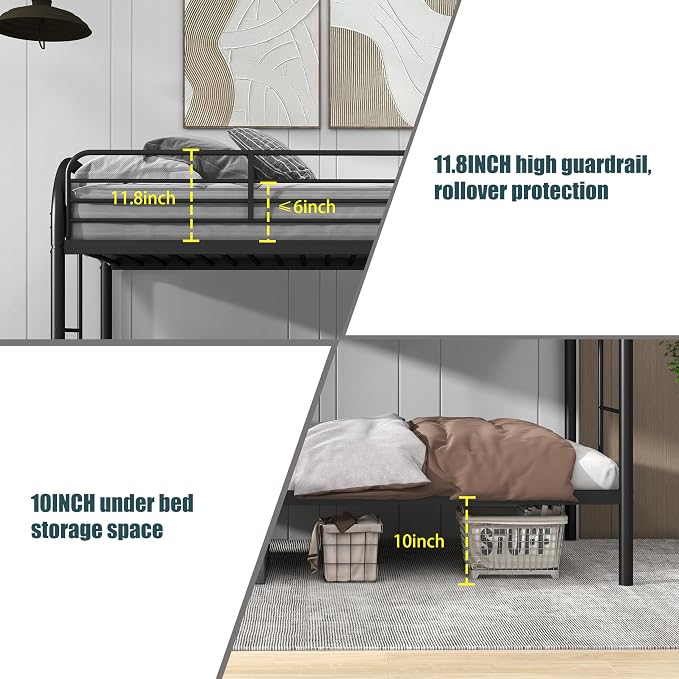 Flolinda Metal Bunk Bed Twin Over Twin, Heavy Duty Bunk Beds with 2 Ladders and 11.8" Full-Length Guardrail, Space-Saving Bunk Bed with Storage, No Box Spring Needed, Easy Assemble, Black