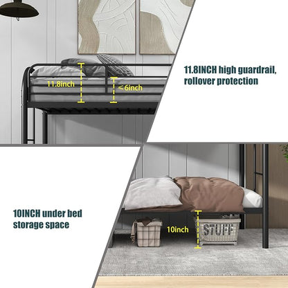 Flolinda Metal Bunk Bed Twin Over Twin, Heavy Duty Bunk Beds with 2 Ladders and 11.8" Full-Length Guardrail, Space-Saving Bunk Bed with Storage, No Box Spring Needed, Easy Assemble, Black