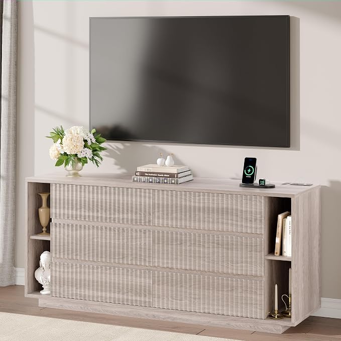 Whalefall 63 Inch Fluted 6 Drawers Dresser with Shelves, White Alder | Large Chest of Drawers for Bedroom, Mid Century Modern, Wood Closet Storage Organizer, Pedestal TV Stand for Living Room