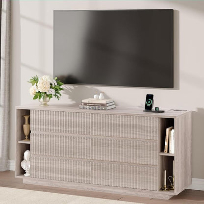 Whalefall 63 Inch Fluted 6 Drawers Dresser with Shelves, White Alder | Large Chest of Drawers for Bedroom, Mid Century Modern, Wood Closet Storage Organizer, Pedestal TV Stand for Living Room