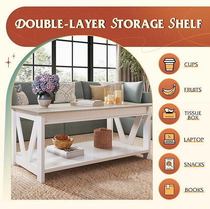 WLIVE Coffee Table, 43" Farmhouse Coffee Table with Storage Shelf & Sturdy V-Shaped Support, Wood Center Table for Living Room, Bedroom, Office and Balcony, White