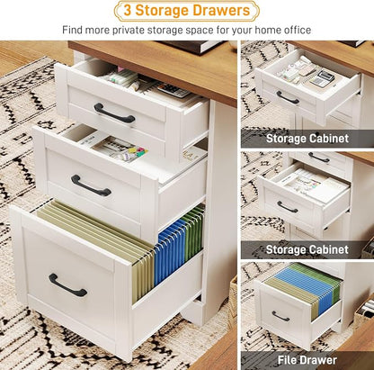 Vabches 59” L Shaped Executive Desk with Power Outlets, Farmhouse Home Office Desk with File Drawer,Storage Cabinet, Wood Corner Sturdy Writing Workstation.White