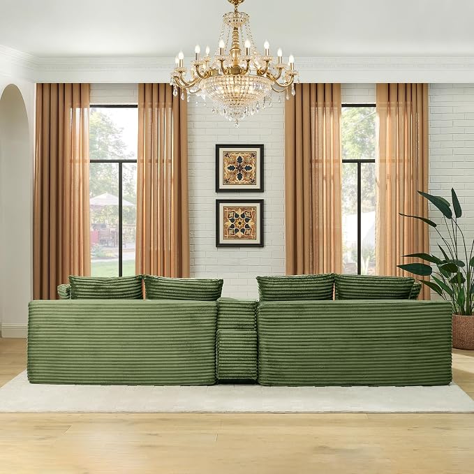 127" U-Shaped Cloud Sectional Couch Oversized Modular Compressed Boneless Sectional Sofa with Ottoman Chaise Lounges & Console, Plush Corduroy Boneless Symmetrical Sofa