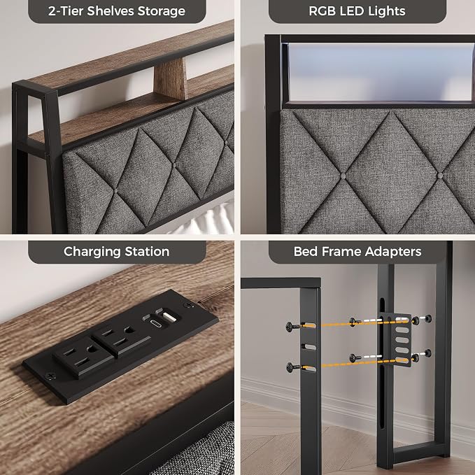 Queen Headboard Only, Headboard for Queen Size Bed with Storage, Upholstered Headboards with LED Lights & Charging Station, Attach Frame, Ideal for Bedroom/Dorm/Guest Room, Dark Grey & Brown