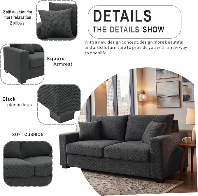 Ball & Cast 69" Loveseat Sofa, Modern Love Seat Couches for Living Room,Upholstered 2 Seater Small Couch with Throw Pillows for Bedroom,Apartment,Office,Easy Assembly,Dark Grey
